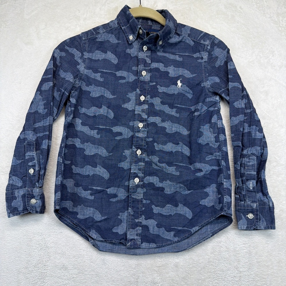 Ralph Lauren Boys Blue Camo Camouflage Button Down Shirt Pony Logo Small
